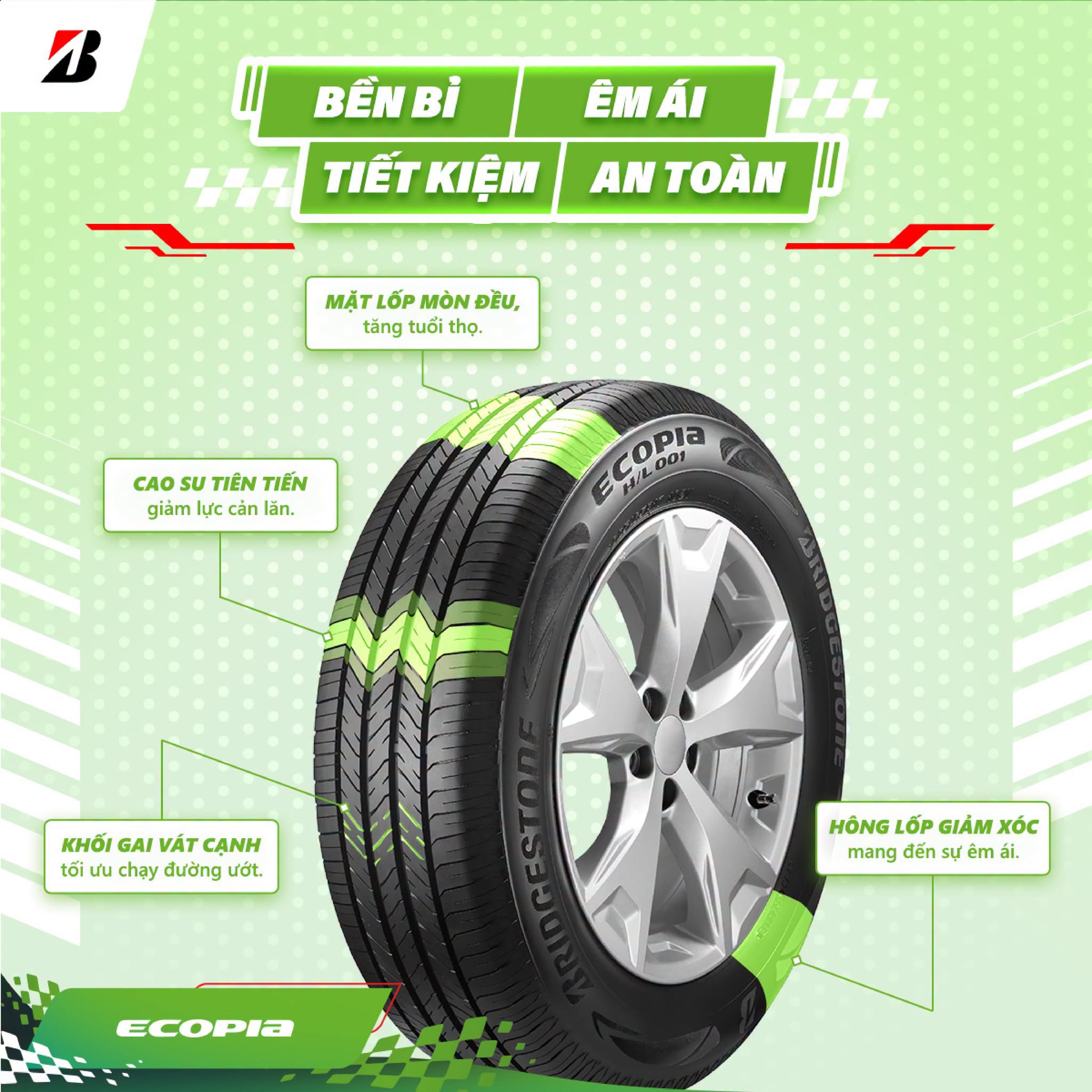 Bridgestone Ecopia H/L001 cho SUV/CUV, hướng đến sự cân bằng giữa độ êm, hiệu quả nhiên liệu và độ bền.